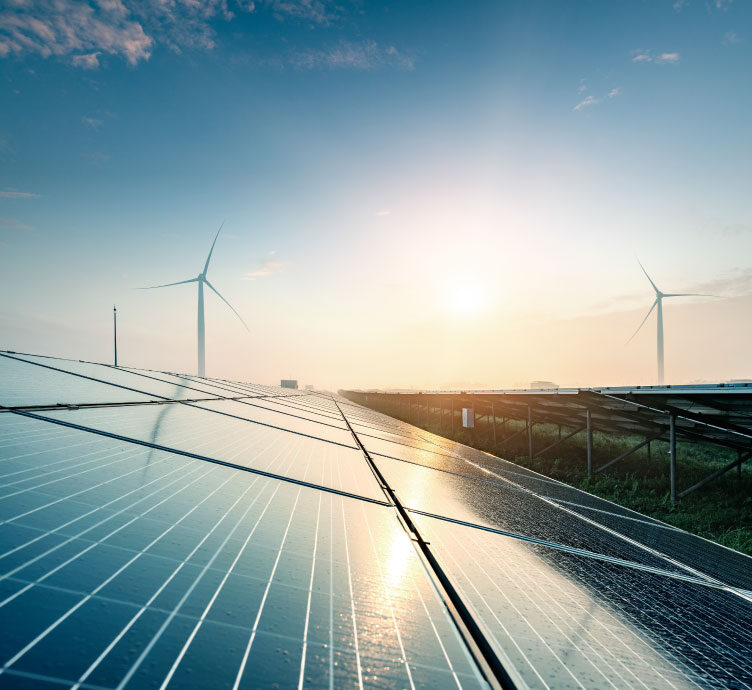 Image of solar panels and wind turbines